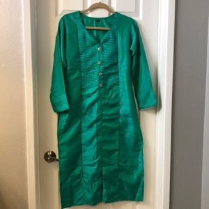 Indian Kurti Tunic Silk Long Sleeve Green Jewels